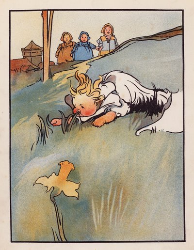 Disparate: Bebé a roer relva (litografia a cores) de Charles Robinson