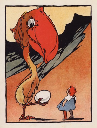 Disparate: Rapaz com um pássaro estranho a segurar um ovo (litografia a cores) de Charles Robinson