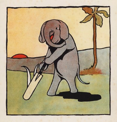 Disparates: Elefante a jogar críquete (litografia a cores) de Charles Robinson