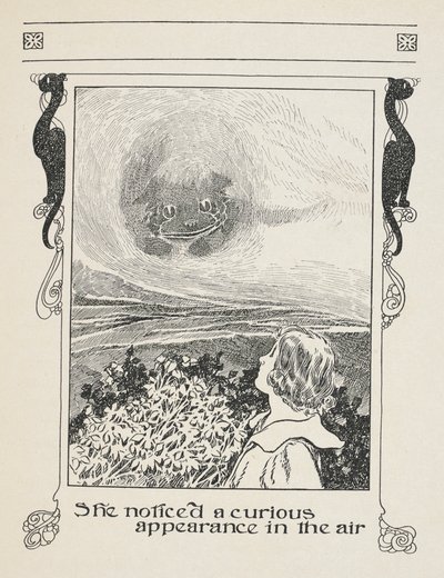 Reparou num aspeto curioso no ar.
Alice e o gato de Cheshire. de Charles Robinson