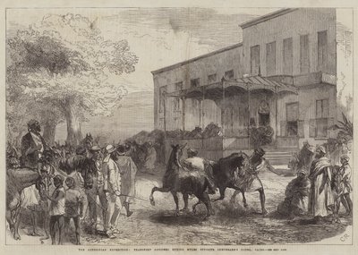 A expedição abissínia, agentes de transporte comprando mulas em frente ao Shepheard&39;s Hotel, Cairo de Sir John Charles Robinson