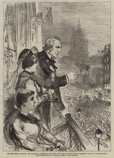 A eleição de Midlothian, Sr. Gladstone que endereça a multidão do balcão da casa do senhor Rosebery, em George-rua, Edimburgo, oito horas, segunda-feira, abril 5 de Sir John Charles Robinson