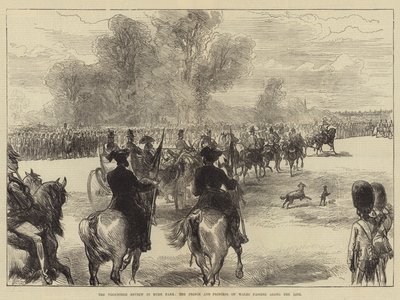 A revisão voluntária em Hyde Park, o príncipe e a princesa de Gales que passam ao longo da linha de Sir John Charles Robinson