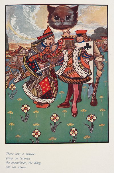 Havia uma disputa entre o carrasco, o rei e a rainha.
O gato de Cheshire a observar. de Charles Robinson