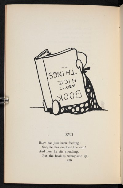 XVII.
Uma rima. Uma criança a ler um livro de pernas para o ar. de Charles Robinson