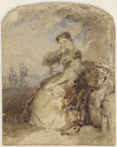 Senhora sentada num banco debaixo de uma árvore, segurando um livro de Charles Rochussen