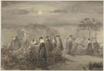 Empresa de senhoras e senhores num pátio iluminado pela lua com roseiras de Charles Rochussen