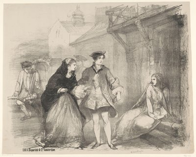 Cena da peça O leitor de cartas
Anúncios de ballets e peças de teatro no Teatro da Cidade de Amesterdão (título da série) de Charles Rochussen