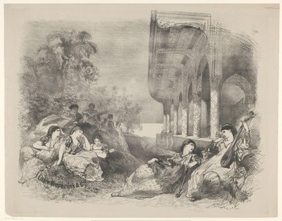 Cena do jogo com mulheres orientais Anúncios de balés e peças realizadas no Amsterdam City Theatre (título da série) de Charles Rochussen