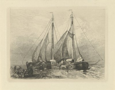 Navios à vela numa praia de Charles Rochussen