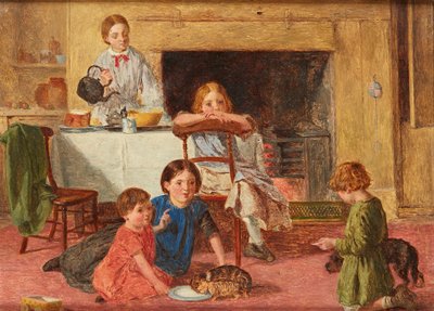 Alimentando o Novo Gatinho (óleo no painel) de Charles Rossiter