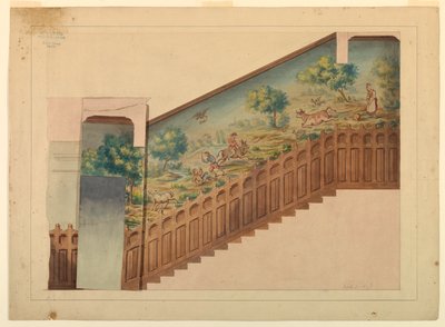 Projeto com sobreposição para parte da escada em Château-sur-Mer, Newport, Rhode Island de Charles Salagnad, French