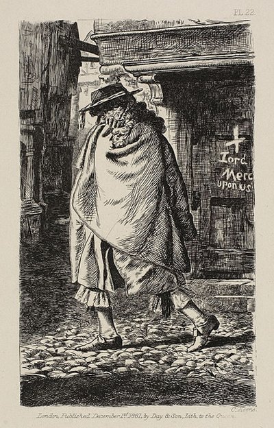 Uma figura encapuzada passando pela rua (na época da peste em Londres) de Charles Samuel Keene