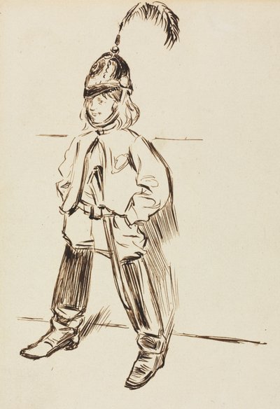 Estudo de uma criança de capacete e botas de Charles Samuel Keene