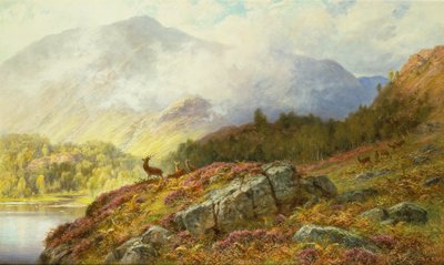 Veado numa paisagem montanhosa (óleo sobre tela) de Charles Stuart