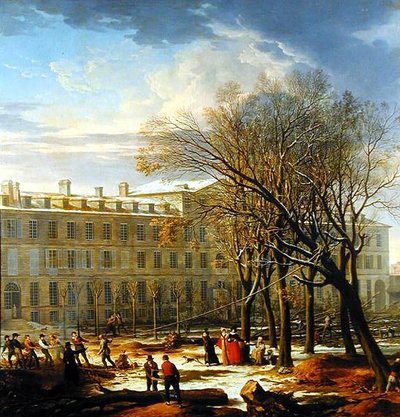 Números Abate de árvores fora de um edifício em Paris (óleo sobre tela) de Charles Thevenin