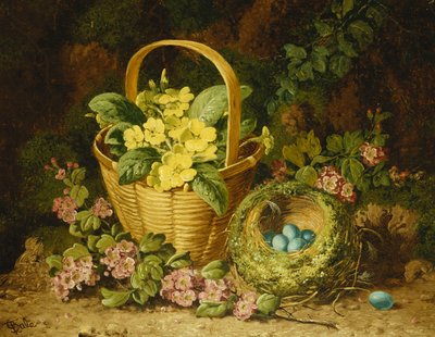 Prímulas em uma cesta, Japonica e um ninho de pássaro, de Charles Thomas Bale