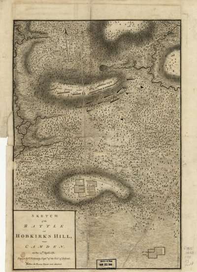 Esboço da Batalha de Hobkirks Hill, perto de Camden, em 25 de abril de 1781, publicado em Londres, em 1794 de Charles Vallancey