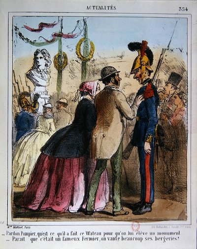 Desenho animado que goza com a montagem de uma estátua comemorativa de Watteau, c.1870 (cor litho) de Charles Vernier