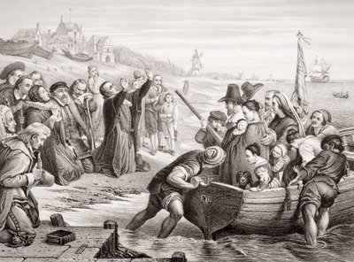 Partida dos Padres Peregrinos de Delft Haven em julho de 1620, de &39;Ilustrações da História Escocesa e Inglesa&39; Volume I (gravura) de Charles West Cope