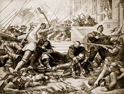 A defesa de Basing House, 1645, ilustração da "Hutchinson&39;s Story ofthe British Nation", c.1923 de Charles West Cope
