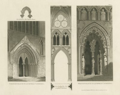 Catedral de Lichfield - entrada oeste, entrada norte e nave: gravura em aquatinta de Charles Wild