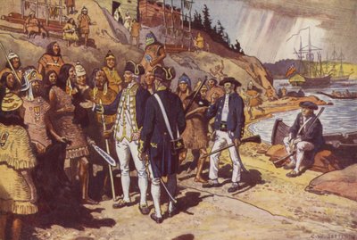 Capitão Cook em Nootka (lito colorido) de Charles William (after) Jefferys
