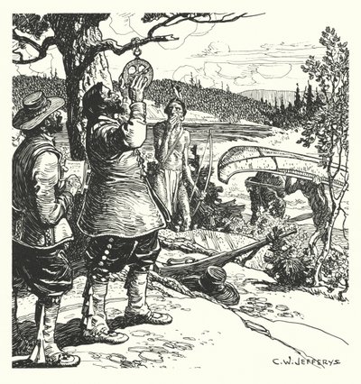 Champlain a fazer uma observação com o Astrolábio, no Ottawa de Charles William (after) Jefferys