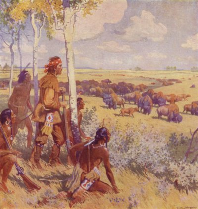 Kelsey avista o Buffalo (lito colorido) de Charles William (after) Jefferys