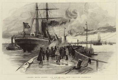 Cheer Boys Cheer, um navio emigrante saindo do porto de Charles William Wyllie