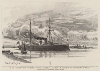 HMS Blake, o cruzador protegido lançado recentemente em Chatham, no porto de Portsmouth de Charles William Wyllie