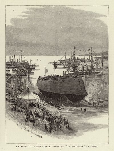 Lançamento do Novo Italian Ironclad Sardinia em La Spezia de Charles William Wyllie