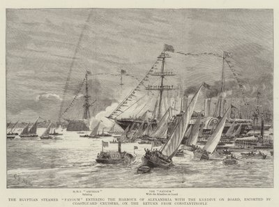 O vaporizador egípcio Fayoum que entra no porto de Alexandria com o quedive a bordo, escoltado por Coastguard Cruisers, no retorno de Constantinopla de Charles William Wyllie