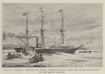 O SS Falcon saindo de St. John&39;s, Newfoundland, com a Expedição Peary para as regiões do Ártico de Charles William Wyllie