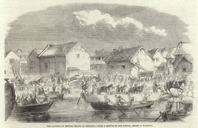 O desembarque de tropas britânicas em Pehtang de Charles Wirgman