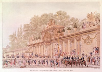 A entrada do Imperador e Imperatriz para os Jardins das Tulherias, no dia do seu casamento (gravura a cores) de Charles and Fontaine Percier