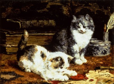 Dois gatinhos brincando em uma mesa de Charles van den Eycken