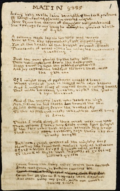 Poema de Charlotte Bronte. Cópia fiel autógrafa, com supressões, do poema "Matin". 12 de novembro de 1830, em Haworth, co. York: 1830. Haworth, co. York. de Charlotte Bronte