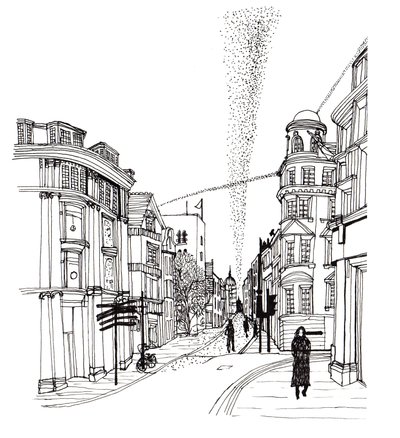 Cornmarket Street, 2019 (caneta e tinta) de Charlotte Orr