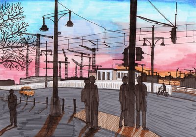 Guindastes na Warschauer Strasse, 2017 (canetas) de Charlotte Orr