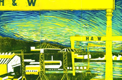 Harland & Wolff Cranes, Belfast, 2022 (linoprint) de Charlotte Orr