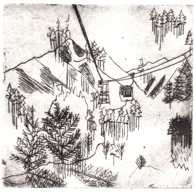 Montanhas Mayrhofen, 2015 (gravura a ponto seco e digital) de Charlotte Orr