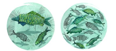 Small Fish Big Pond, 2018 (caneta e tinta, aquarela e digital) de Charlotte Orr