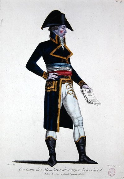 Figurino dos Membros do Corpo Legislativo durante a Primeira República na França, c.1800 (gravura colorida) de Chataignier Chataignier