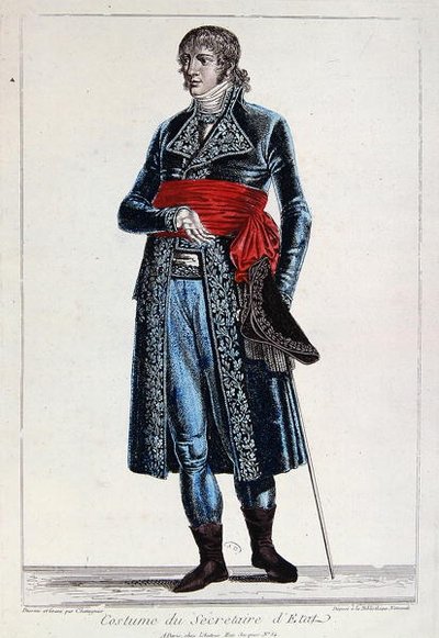 Figurino de um Secretário de Estado no período do Consulado (1799-1804) da Primeira República na França, c.1800 (gravura colorida) de Chataignier Chataignier
