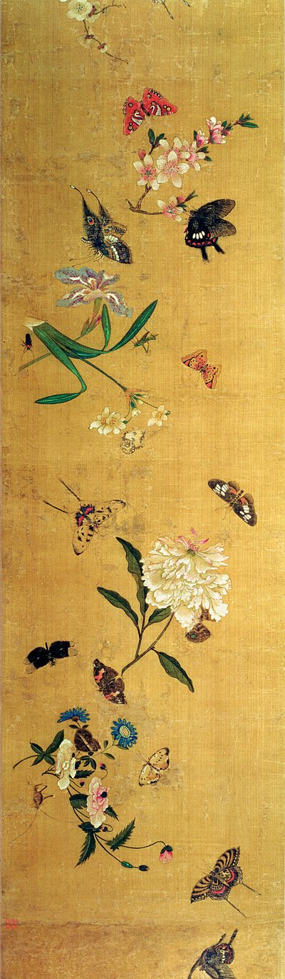Cem borboletas, flores e insetos, detalhes de um carrinho de mão de Chen Hongshou