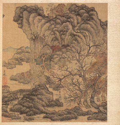 Pinturas após mestres antigos: Viajantes em uma paisagem de outono, 1598-1652. de Chen Hongshou