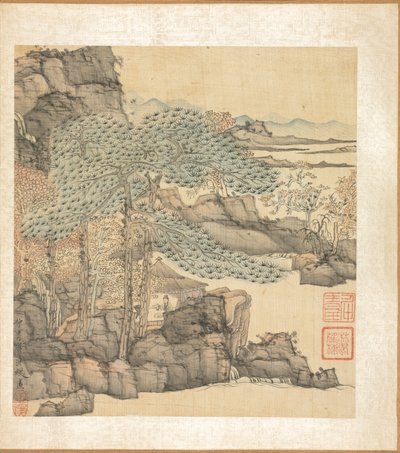 Pinturas segundo antigos mestres: leitura erudita em uma cabana de palha perto de uma cachoeira de Chen Hongshou