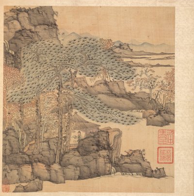 Pinturas após mestres antigos: Leitura do erudito em uma cabana de palha por uma cachoeira, 1598-1652. de Chen Hongshou