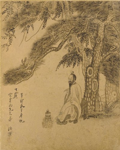 Preparando o Elixir sob um pinheiro, Qing dynasy, 1651 (tinta em papel dourado) de Chen Hongshou